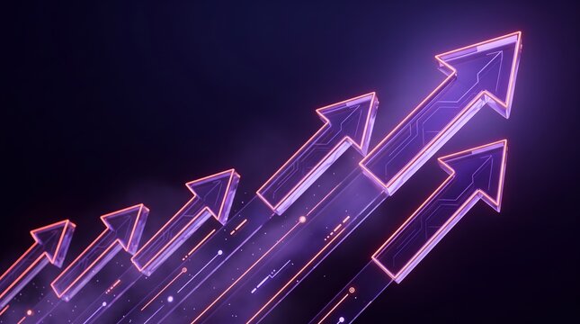 Glowing upward arrows in dark circuit background representing rapid career progress corporate growth and strategic leadership