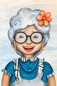 Digital collage illustrates a happy old lady with a flower