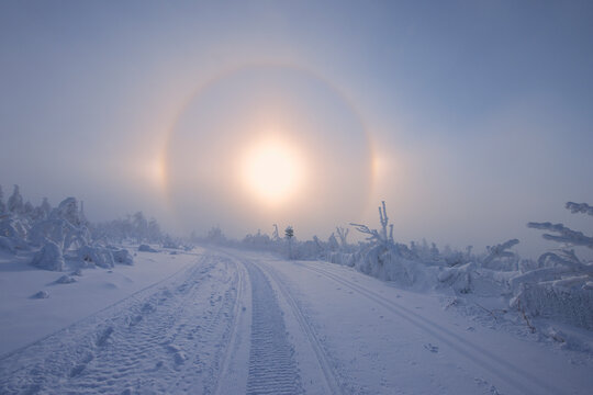 Germany, Saxony, View of sundog with snowy landscape