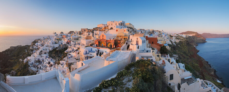 Greece, View of Oia village in sunset at Santorini