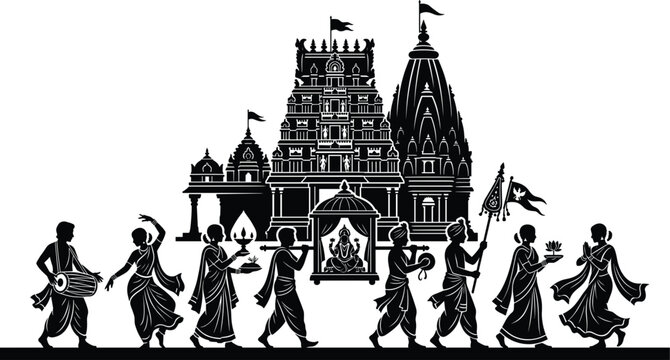 Traditional black silhouette of an Indian temple festival procession featuring cultural musicians dancers and a sacred palanquin