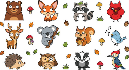 Fototapeta premium Cute Forest Animals Vector Sticker Sheet Featuring Bear Fox Raccoon Deer Koala Squirrel Hedgehog Owl Badger and Birds for Kids Design