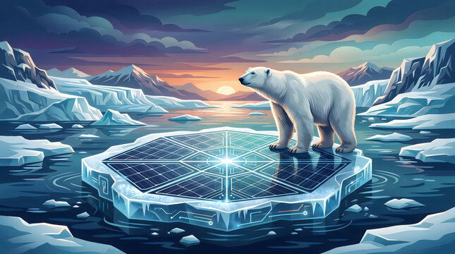Polar bear standing on a solar-panel-shaped ice floe, renewable energy concept, editorial vector illustration
