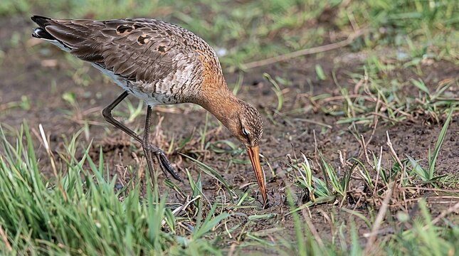 Black Tailed Godwit Probing Mud in a Wet Meadow.