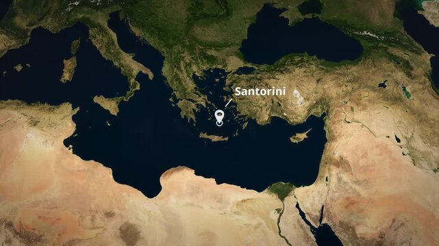 Satellite map zoom to Santorini, Greece with a white location pin marker, concentric circle highlight, and typography. Ideal for travel documentaries, broadcast graphics, or geographical presentations