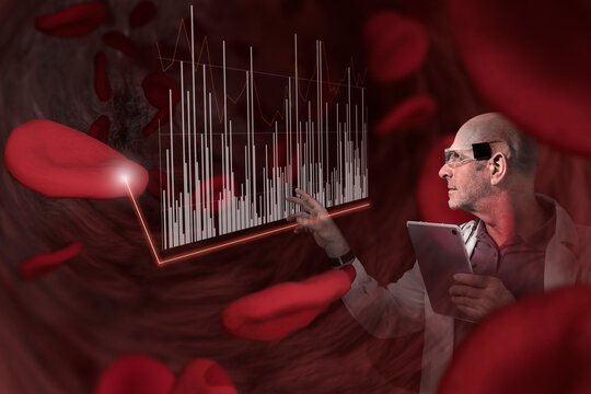 Male doctor analyzes blood data on a futuristic holographic screen