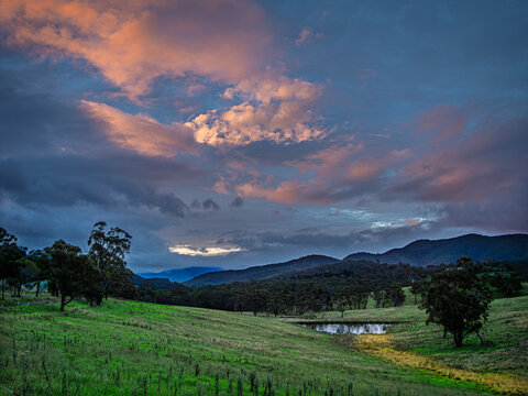  Sunset Valley With Dam Before Mountains