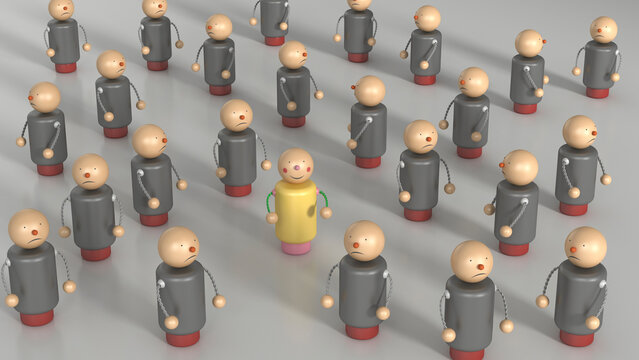 Happy figurine standing among crowd of unfriendly ones