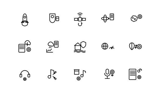 Fintech Space Climate Music Royalty Finance Icons Set, Editable Stroke