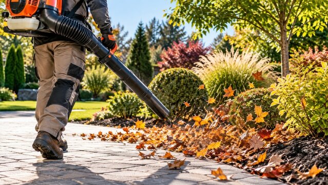 Professional Landscaper Using Backpack Leaf Blower for Autumn Garden Cleanup