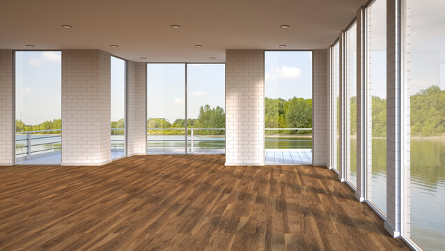 Empty room with wooden floor and view to a lake, 3D Rendering