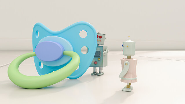 Robot couple with large dummy, 3d rendering