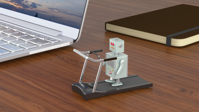 Little robot exercising on treadmill, standing on a desk with laptop and notebook