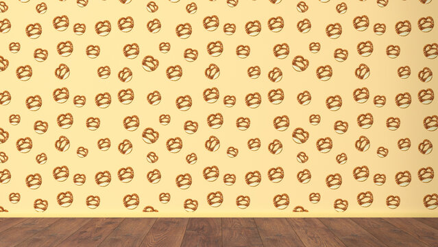 Wallpaper with pretzel pattern and wooden floor, 3D Rendering