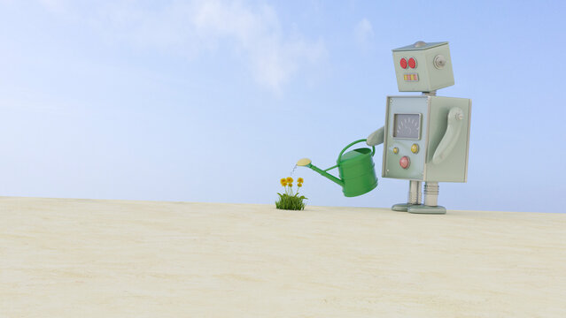 Robot watering dandelions