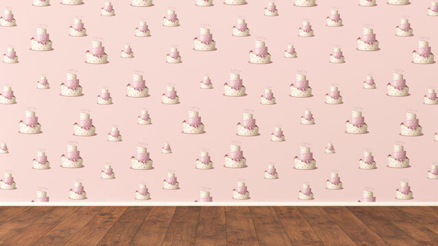 Wallpaper with fancy cake pattern and wooden floor, 3D Rendering
