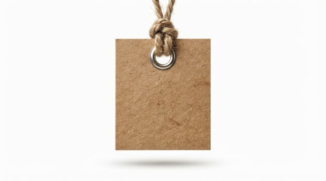 A blank rectangular brown cardboard price tag with a rustic twine string, isolated on white background