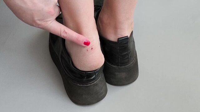 Woman touching a blood blister on her foot caused by friction from uncomfortable footwear, illustrating foot pain, skin injury and shoe-related discomfort.