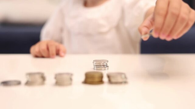 A preschooler counts coins on a living room table. Financial scarcity training. Kids and money. Savings, personal finance