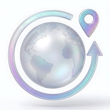 3D iridescent glass globe with rotating arrow and location pin isolated on a white background.