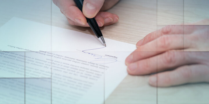 Man signing a contract, geometric pattern