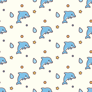 Seamless pattern featuring cute cartoon dolphins and water drops