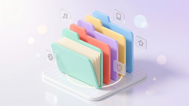 Colorful 3d folders on grid platform with floating glass icons representing cloud file organization and digital asset management