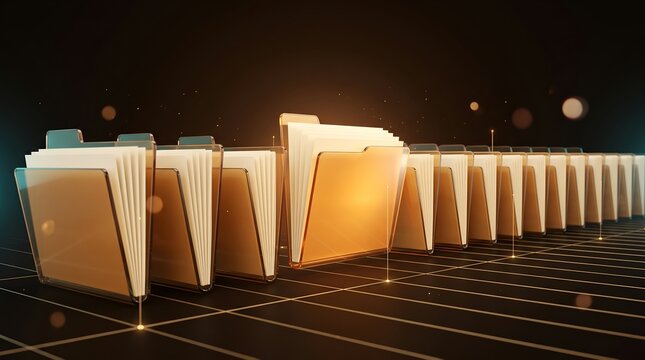 Highlighted luminous file folder standing out in digital row representing cloud data storage and electronic document management system