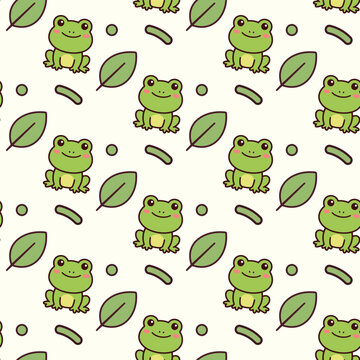 Cute green frog seamless pattern with leaves on white background