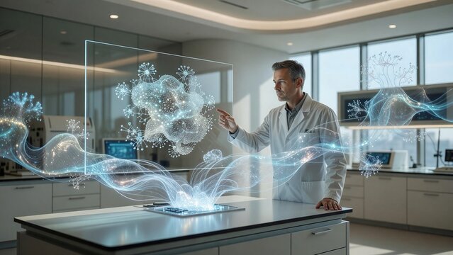 Scientist interacting with a futuristic holographic interface in a lab. Glowing neural network, AGI, artificial intelligence, advanced technology research.