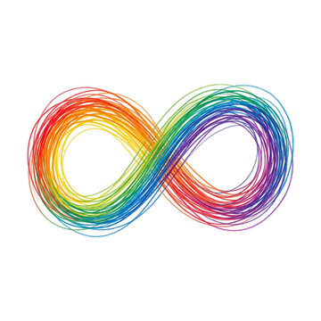 Vibrant rainbow colored infinity symbol made of chaotic hand drawn scribble lines transparent background