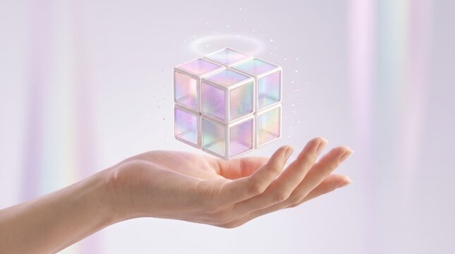 Open hand presenting hovering iridescent glass block cube representing modular web3 data structure and virtual asset technology