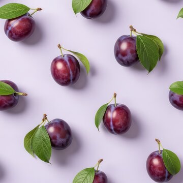 An elegant seamless pattern featuring ripe purple plums with green leaves and stems arranged artistically over a soft lavender background, pattern, plum, wrapping