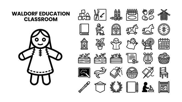 Waldorf Education Classroom Icon Set: A collection of hand-drawn icons representing the philosophy and elements of a Waldorf education classroom.