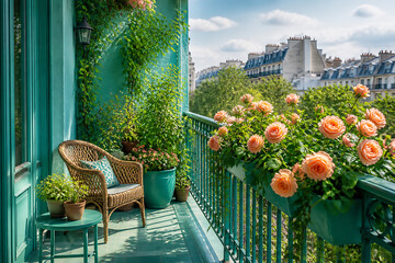 Fototapeta premium A lush, green balcony with a wicker chair and vibrant roses overlooks a cityscape under a bright sky.
