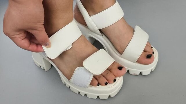 Close up of Velcro shoes being fastened and adjusted, demonstrating customizable fit, easy closure and practical footwear design.