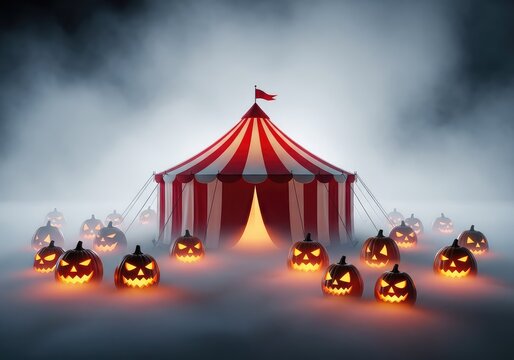 A striped circus tent stands in a dense fog surrounded by glowing orange pumpkins creating a spooky and festive Halloween horror scene, orange, atmospheric, mysterious