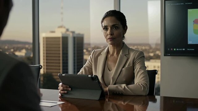 Listening to presenter woman in beige blazer holding tablet in office, watching wall-mounted chart