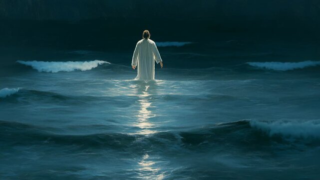 A figure representing Jesus Christ stands on the surface of the ocean. Waves rise around him as he extends his arms. The sky is dark and filled with clouds.