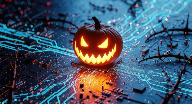 Creepy digital pumpkin smile glowing on a complex electronic circuit board surface representing cybersecurity threats and computer viruses, holiday, network, abstract