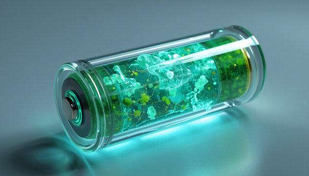 3D render close up of synthetic bio battery cell with glowing cyan algae fluid
