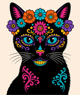 Colorful Black Cat Calavera Vector, Mexican Floral Sugar Skull Kitty Portrait, Bright Pop Art Kitten T-Shirt Print Design, Dia de los Muertos Mexican Cat Vector