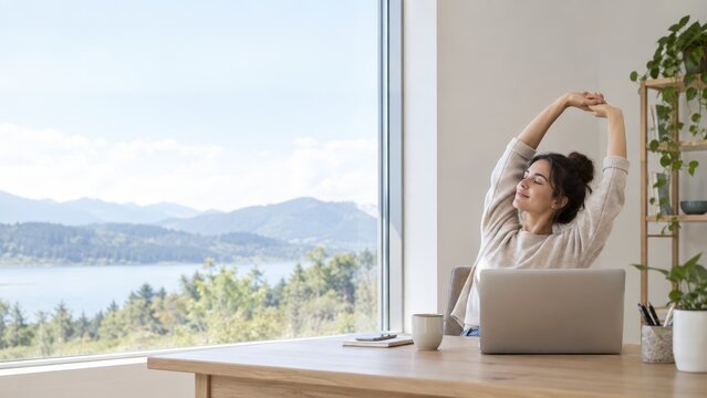 Woman stretching after remote work near scenic lake view window office setting relaxed woman stretching arms at desk after finishing remote work