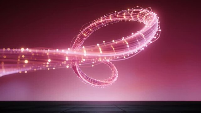 Entering from left, luminous ribbon reshaping into infinity loop over magenta floor with particles