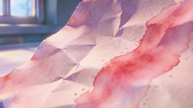 Zooming camera revealing crumpled sheet with wet pink stain on table by window, showing texture