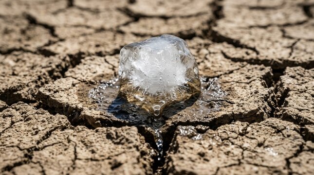 Ice cube melting cracked dry earth, water droplets sunlit soil texture. Climate change drought theme