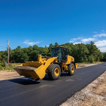 A yellow wheel loader carries a bucket of gravel while driving along a fresh asphalt road under clear blue sky during a construction project.
