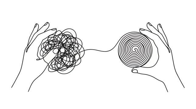 Hands untangling messy line into neat spiral. Careful motion organizing complex chaos. Minimalist black line drawing illustration. Clean white background focus conceptual art. Therapy concept.