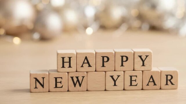happy new year text spelled with wooden letter blocks on a table with warm golden festive bokeh