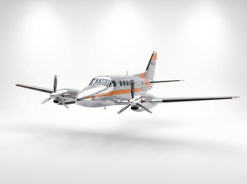 A silver and orange twin-engine rescue airplane is isolated against a clean white background.